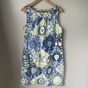 Talbots Womens Shift‎ Dress Size 8 Sleeveless Printed Blue Yellow Lined Cotton